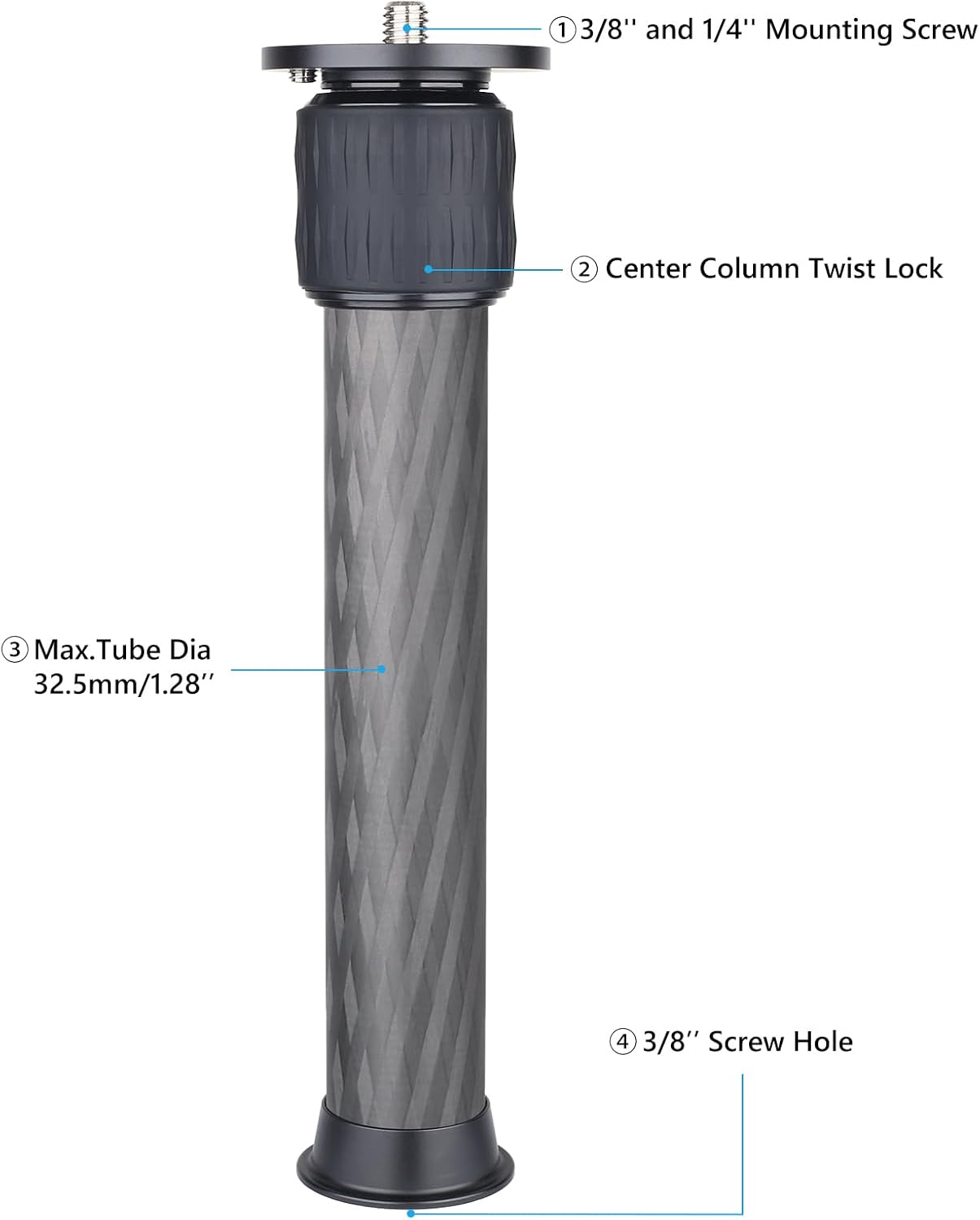 ARTCISE Carbon Fiber Two Section Tripod Center Column Extender, 1/4" & 3/8" Screw Mid Column Extension Adapter for DSLR Mirrorless Camera Tripods（32.5mm Max Tube）