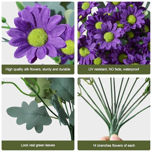 Image of HyeFlora Artificial Mums for Outdoors Fall Decor, 6 Bundles Fake Flowers UV Resistant Realistic Faux Flowers Bouquet Silk Flowers for Outside Planter Porch Patio Garden Yard Balcony Home, Purple