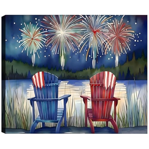 Image of Framed 4th of July Fireworks Adirondack Chair Wall Art, Patriotic Lake Canvas Art Pictures, USA Flag Wall Decor, Made in USA Ready to Hang for Living Room Porch