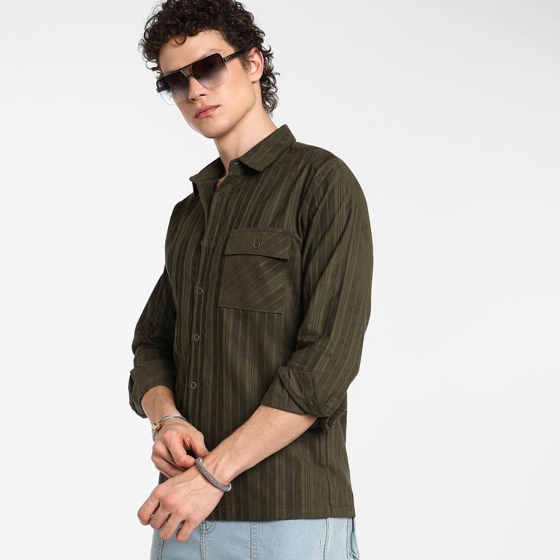 Image of CAHOOT Men's Polycotton Abstract-Textu Shirt |Casual-Wear | Spread Collar | Long Sleeve | Button Closure | Shirt Crafted with Comfort Fit for Everyday Wear