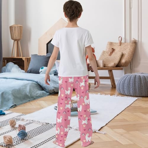 Boy's Pj Pants Rainbow Heart Happy Alpaca Pink Lounge Bottoms Elastic Waist Kids Joggers with Pockets Size 6-143