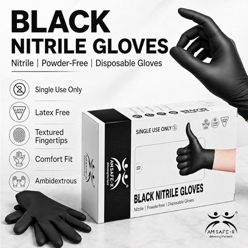 Image of AM SAFE-X Powder Free Black Nitrile Hand Gloves 100pcs Large | Food Grade Heavy Duty Disposable Gloves | Textured Grip| Single Use | Cleaning, Kitchen, Tattoo, Salon, Automotive & Examination Gloves