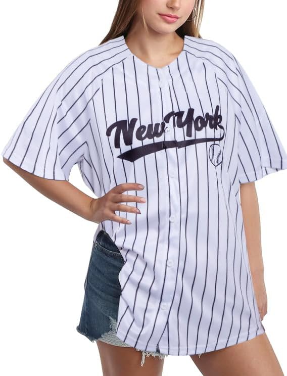 Baseball Jersey for Women Baseball Player Shirt Oversized Striped Button Down Hip Hop Shirt Top - Image 2