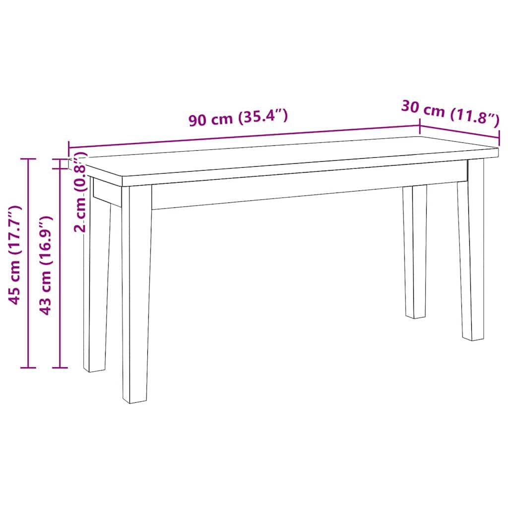 Banc d'intérieur en bois d'hévéa massif blanc de 90 cm de vidaXL, avec pieds en bois, stable et résistant, polyvalent pour les repas ou comme siège d'appoint, facile à nettoyer