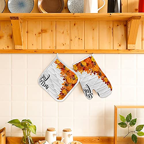 Hello Fall Oven Mitts And Pot Holder Set, Thermal Insulation Kitchen Oven Glove And Anti-Slip Potholder For Cooking, Bbq, Microwave, Grilling - Retro Farmhouse Pumpkins Leaves Wooden Grain #TOP5