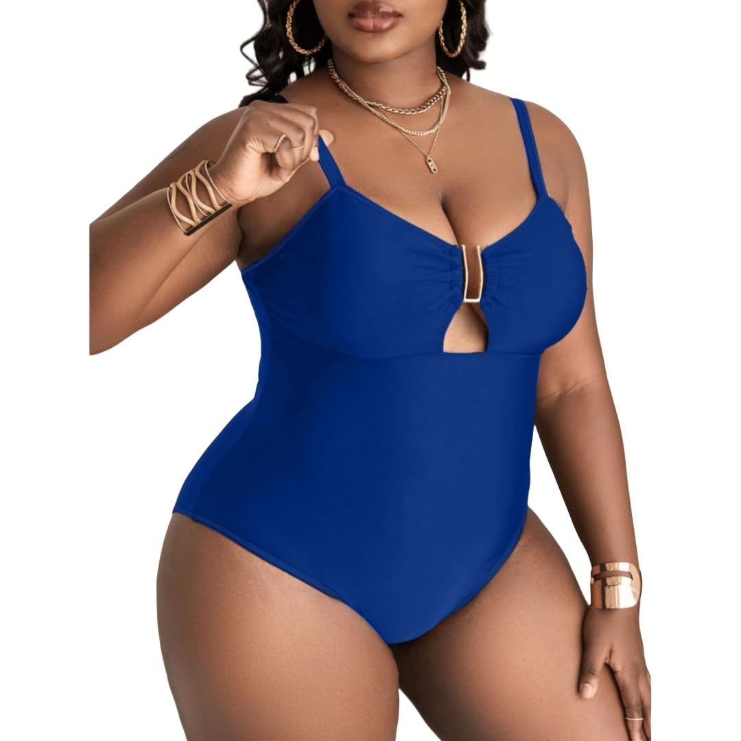 Solid Color Deep V Sexy Hollow Plus Size One-Piece Swimsuit (US, Alpha, X-Large, Regular, Regular, Sapphire Blue)