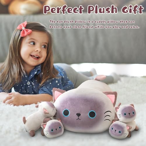 Image of TOYSYM Siamese Cat Plush Cute Siamese Cat Stuffed Animal Pillow with 4 Baby Plushies in Her Tummy, Soft Cotton Stuffed Animals Toy Gifts for Kids
