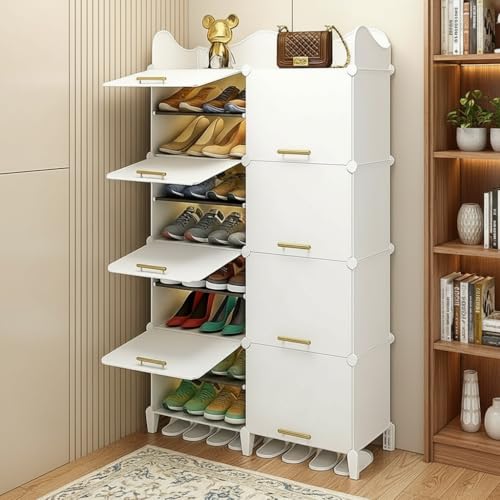 Image of Mevigo 16-Tier Shoe Rack with 8-Doors| Holds 32-Pairs |Waterproof & Dustproof Modular Plastic Shoe Cabinet| Foldable Stackable Shoe Organizer with Metal Frame |Space Saving Storage for Home,Entry Way