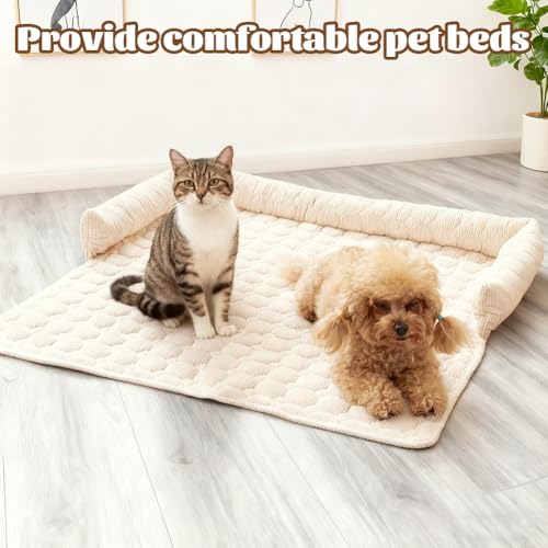 Meenewching Hundebett Sofa, 75x75cm Weiches Waschbares Sofabett Hund, Hundedecke Sofa mit Rand, Sofaschutz, Flauschiges rutschfest Hundekissen für Kleine und Mittlere Hunde und Katzen, Beige