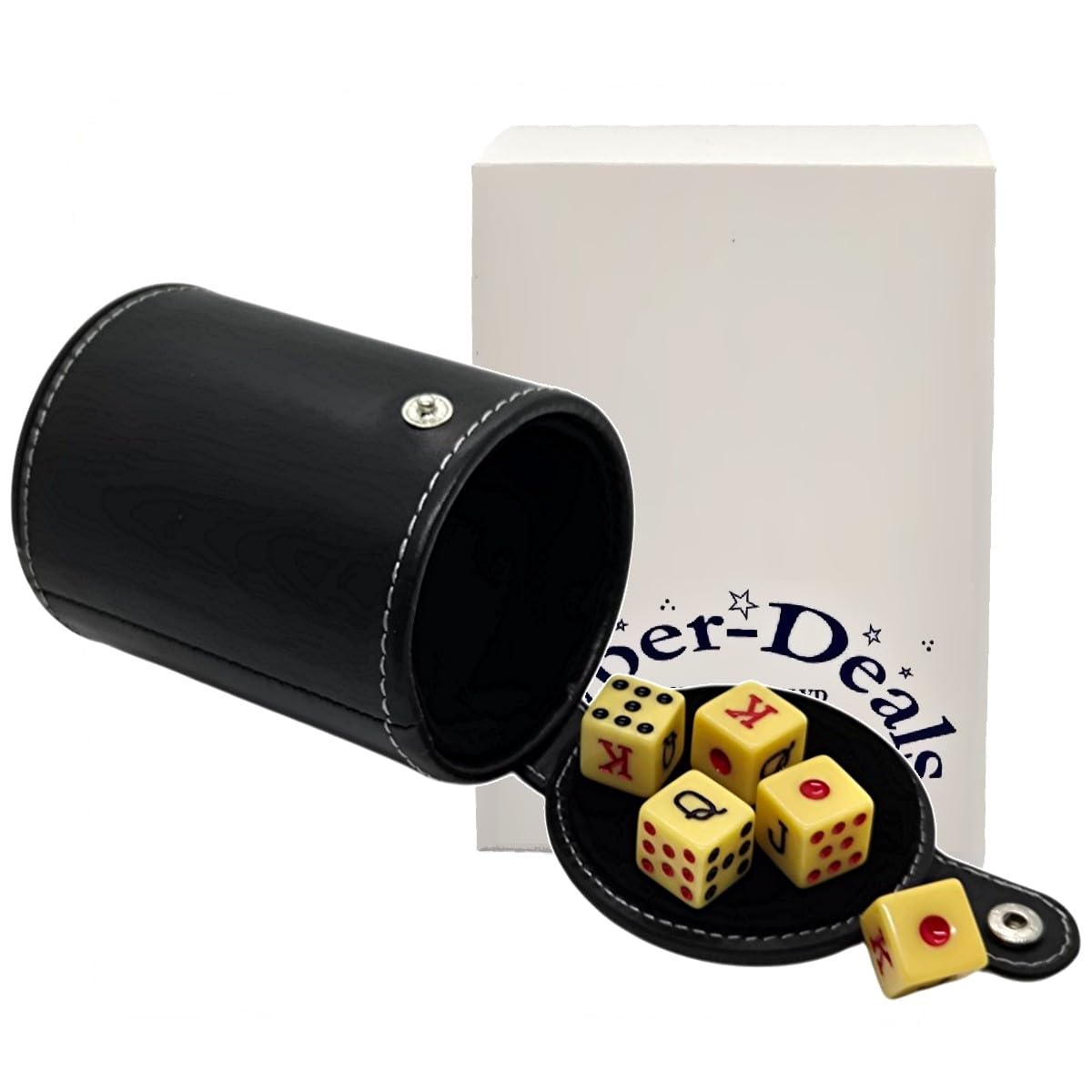 Spanish Poker Dice Set 16mm Dot K Q J 8 7 w/Pouch & PU Leather Dice Compartment Cup | Premium Ivory Dice, Black Lining Cup