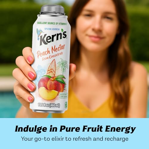 Image of Kern's Peach Nectar Lata Botella - Made with Fresh Fruit Puree & Peach Juice Concentrate for Fruit Smoothie Mix, Cocktail Mixers & Kids Beverages - 15.5oz, 12 Pack Resealable Juice Bottles