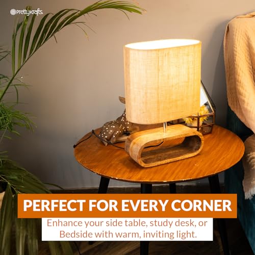Image of PrettyKrafts Oval Shape Table Lamp (Bulb Not Included) | Natural Color | Size 32x15x40 cm | Wooden Base Decorative Bedside & Living Room Lamp | Modern Home Decor Lighting