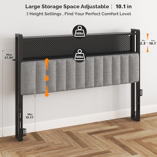 Image of VINGLI Queen Size Headboard Only, Adjustable Upholstered Headboard with 2 Tier Shelves and Pegboard with Charging Stations and LED Lights, Modern Bed Headboard with Storage for Bedroom Decor