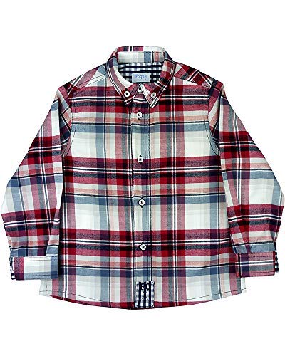 FOQUE - Camisa para niño de Franela de Cuadros. Manga Larga. Cuello con Botones. 100% algodón (Rojo, Azul y Blanco, 6 años)