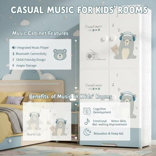 Image of Strassis Design 4-Door Plastic Wardrobe for Kids| Almirah and Wardrobe for Baby Clothes| Modular Storage Cabinet with Wheel Organizer for Cupboard Rack for Clothes /Shoes /Books /Toy (Music Bear)
