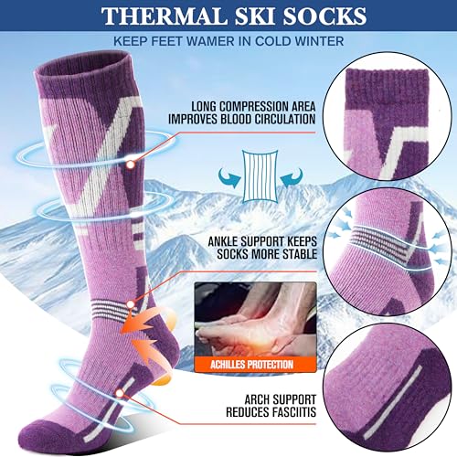 3 Pairs Merino Wool Ski Socks Thermal Warm Winter Thick Knee High Snowboarding Skiing Socks for Women Men3