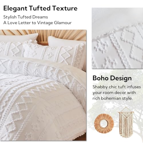 Image of MR&HM Full Size Bed Sheets and Comforter Set White, 7 Pieces Tufted Boho Beddding Sets, Farmhouse Style Bed in a Bag with 1 Comforter, 2 Pillow Shams, 2 Pillowcases, 1 Flat Sheet, 1 Fitted Sheet