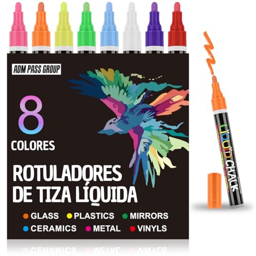 ADM PASS GROUP Rotuladores de tiza liquida. Punta Reversible Gruesa/Biselada Pack de colores para todas las superficies, pizarra, cristal, aluminio, papel, piel. Líquid Chalk lavables (8 Piezas).