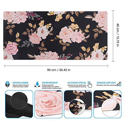 Image of iCasso Extended Gaming Mouse Pad (35.4x15.7 in), Large Non-Slip Rubber Base Mousepad with Stitched Edges, Waterproof Keyboard Mouse Mat Desk Pad for Work, Game, Office, Home - Peony