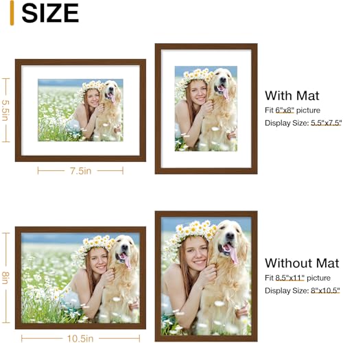 decorUhome 8.5 by 11 Picture Frame Set of 10, Display Photos 6x8 with Mat or 8.5x11 Unmatted for Picture Frames Collage Wall Decor, Brown