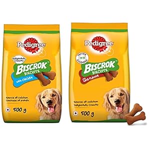 Pedigree Biscrok Biscuits Dog Treat (Above 4 Months) Chicken Flavour, 500g Pack & Biscrok Biscuits Dog Treat (Above 4 Months) Lamb Flavour, 500g Pack