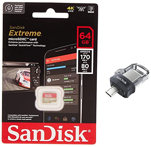 Image of SanDisk Extreme microSD UHS I Card 64GB for 4K Video on Smartphones,Action Cams 170MB /s Read,80MB /s Write & Ultra Dual 64 GB USB 3.0 OTG Pen Drive (Black)