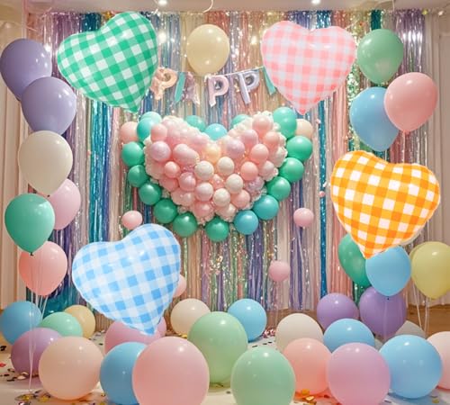 Image of 4pcs 18 inch Colorful Heart Checked Balloons Pink Orange Green Blue Gingham Striped Plaid Heart Foil Balloons for Spring Party Decorations Picnic Party Birthday Party Wedding Baby Shower Party Decor