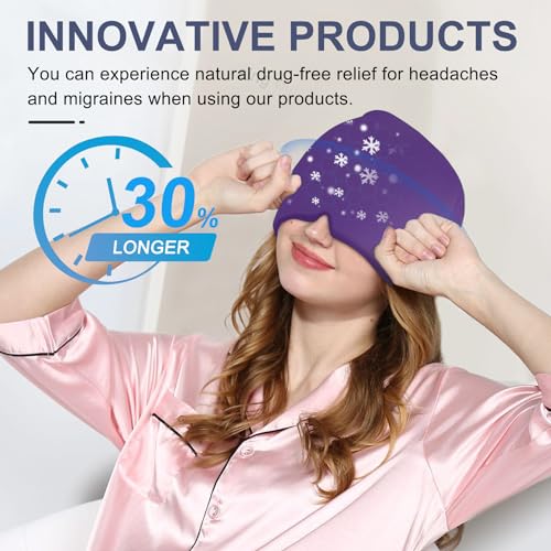 Image of EXQUISLIFE Migraine Headache Relief Cap, Gel Ice Head Wrap, Hot and Cold Therapy, Headache Eyes Mask for Sinus, Puffy Eyes, Tension and Stress Relief (Purple)