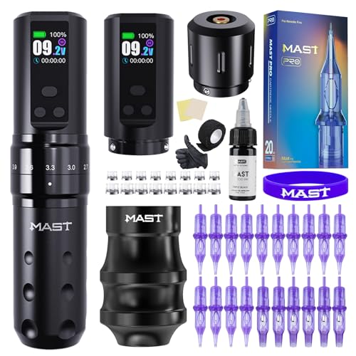 Mast Fold2 Pro Tattoo Kit Complete Tattoo Gun Machine Kit 2 Batteries 2000mAh Power Supply for Long Time Needles Cartridges Black Tattoo Ink Kit (Full Fold2 Pro - Black)