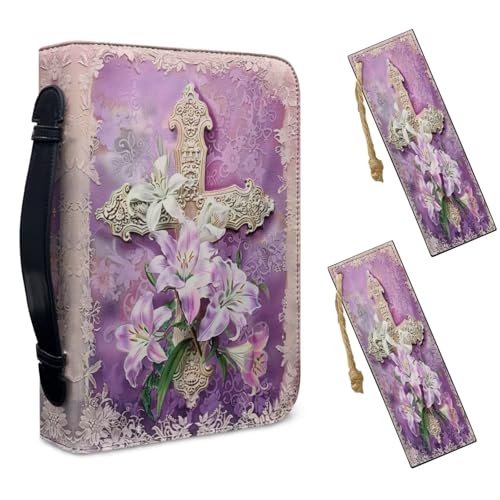 Lotusorchid Capa para Bíblia Cross Lily com 2 Marcadores de Página, Roxa, Tamanho 2XL, Estojo e Bolsa para Estudo Bíblico Feminino