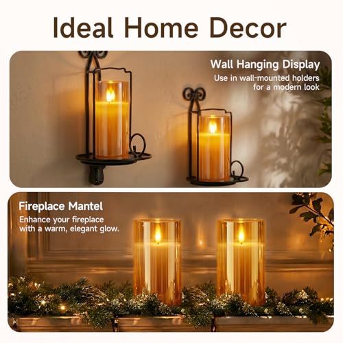 Image of Homemory Amber Glass Flameless Candles Battery Operated LED Pillar Candles with Remote and Timer, Real Wax Flickering Candles with 3D Wick, Decorative Candles Home, Wedding, Holiday Decor, Set of 2