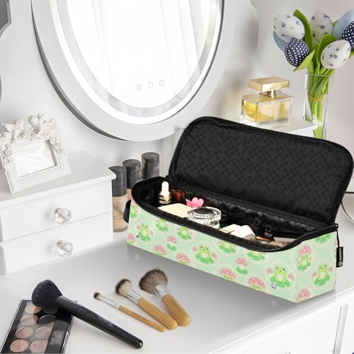 Bolso de viaje para herramientas de cabello y alfombrilla resistente al calor con cremallera, estuche protector impermeable para planchas y rizadores, diseño de rana y seta miniatura 7