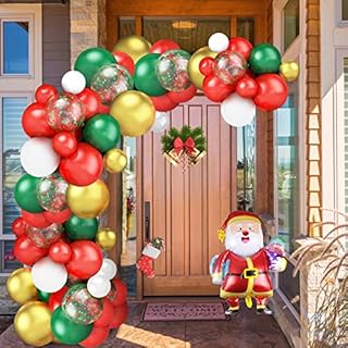 Christmas Balloon Garland Arch Kit,105pc Red Green White Balloon Arch Kit Includes Santa Claus Snowman Foil Balloons Confetti Metal Gold Balloon for Christmas Party Decoration New Year Holiday Party