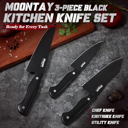 Image of Huusk Japanese Chef Knife Set for Kitchen - 3 pcs Black Kitchen Knife Set with Titanium Coating, Stainless Cutting Knives Sets, Professional Cooking Knives for Vegetable Fruit Meat, Christmas Gift Men