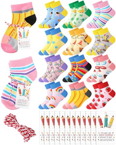 Glitopper 12 Sets End of Year Student Gifts Bulk Novelty Colorful Ankle Socks and Gifts Cards Funny School Socks Bulk for Graduation School Party Supplies Classroom Prizes