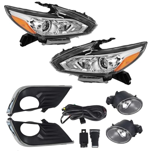 iiLentes For 2016 2017 2018 Nissan Altima Black Bezel w/o LED DRL Halogen Headlamps Housing Headlights Assembly and Fog Light Lamp 260609HS0A 260109HS0A