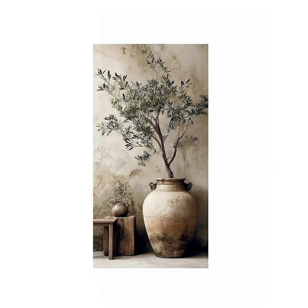 Dittelle Rustikaler Olivenbaum-Leinwanddruck im Terrakotta-Krug-Stil, neutrales Wabi-Sabi-Stillleben im mediterranen Stil für das Wohnzimmer (40 x 80 cm/Innenrahmen)