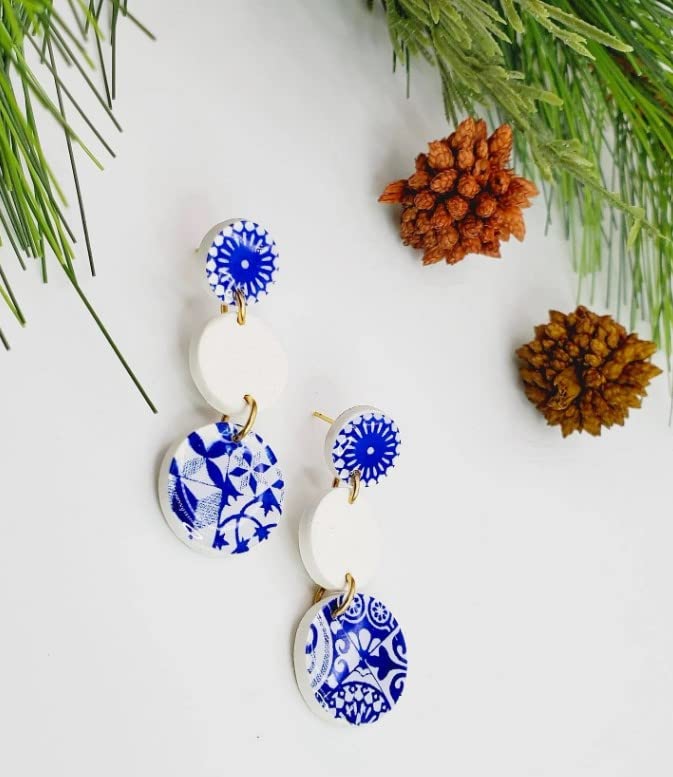 Miniatura 3 de Elegant Handmade Moroccan TileMiddle Eastern Style Blue and White Dangle Polymer Clay Earrings