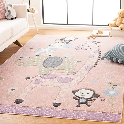 Image of SAFAVIEH Carousel Kids Collection Area Rug - 6'7" x 9', Blush Pink, Animal Design, Ideal for High Traffic Area for Boys & Girls in Playroom, Nursery, Bedroom (CRK120U-6)