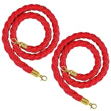 Flexzion Velvet Stanchion Rope 5FT, 2 Pack 1.5" Thick Red Cord for Ball Crown Top Style Barriers Post, Crowd Queue Line Safe Control, Round Velour with Gold Plated Polished Brass Snap Hook
