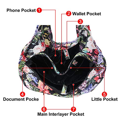 Zooeass Women Colorful Large Tote Shoulder Handbag Waterproof Tote Bag Multi-Function Nylon Travel Shoulder(Flower Black) #TOP2