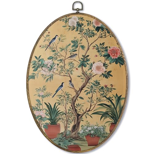 Fewgb Vintage Chinoiserie Floral Oval Wall Art Decor Framed, Botanical