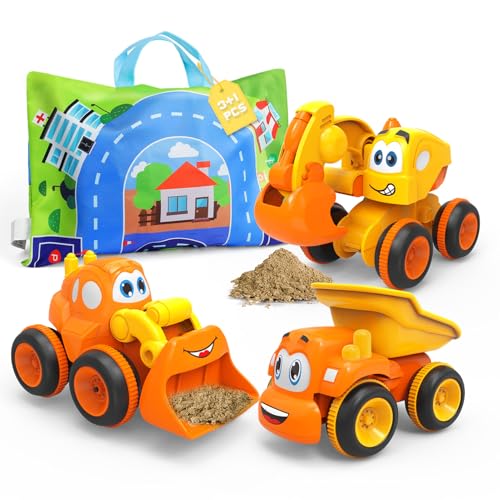 Brinquedo carros para crianças 2 anos, camião grandes veículo de construção, 3 peças empurre e fricção veículos com um mapa de jogo e malas de armazenamento, presentes camião para meninas 3 4 5 anos