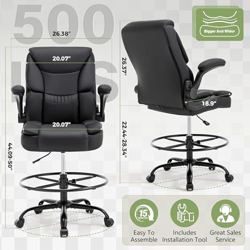 Image of 500LBS Drafting Chair, High Back Safer Standing Desk Chair, Executive Tall Office Chair with Flip-up Armrests, Upholstered PU Leather Task Chair, Ergonomic Seat with Adjustable Height&Foot Ring, Black