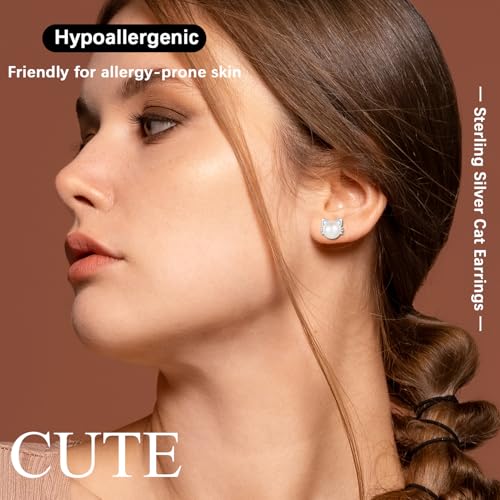 925 Sterling Silver Freshwater Pearl Cat Stud Earrings for Women, Cat CZ Studs Hypoallergenic Jewelry Gift3