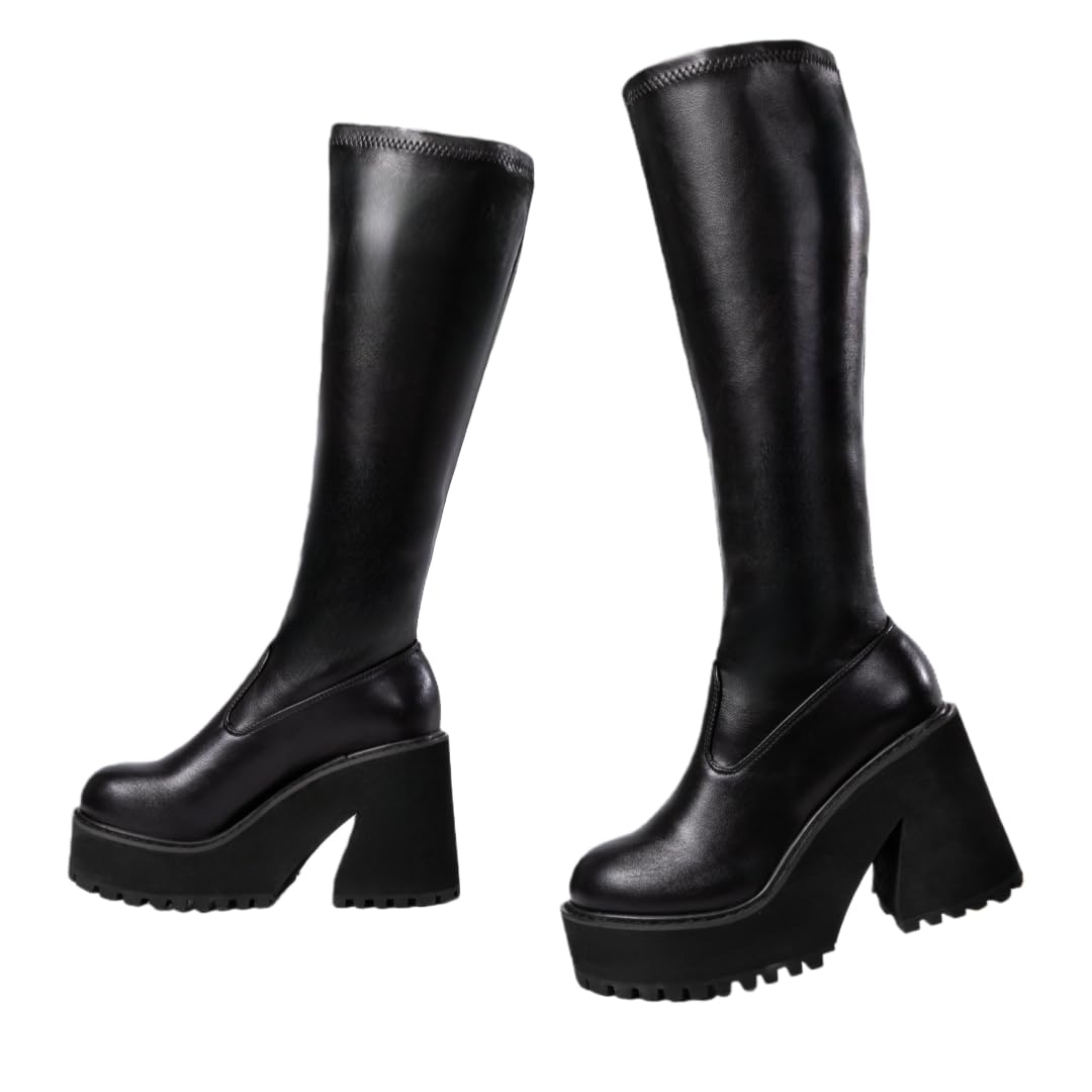 Women Elastic Round Toe Motorcycle Combat Punk Boots Knee High Platform Chunky Block High Heel Sock Boots