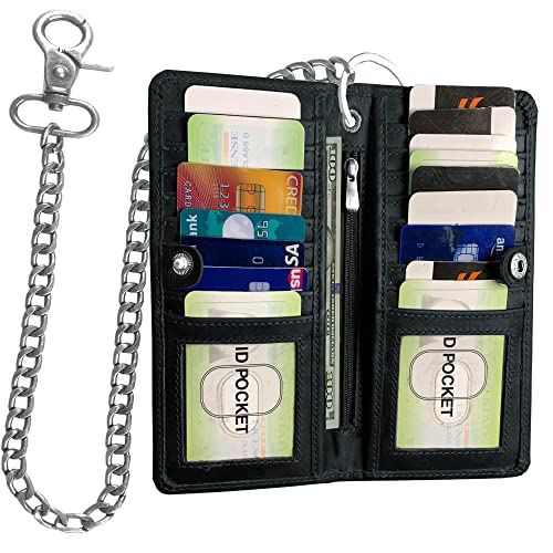 CLASSIC Motorcycle Chain Wallet for Men – Premium Cowhide Leather, RFID Bi-Fold Biker Wallet with Heavy Duty Chain Bikers Truckers & Hunters, Credit Card Money Organizer Long Wallet Crazy Horse Grey2