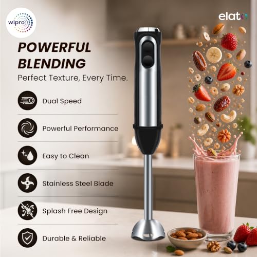 Image of Wipro Elato FMB 201 Hand Blender|Powerful 200 Watt Copper Motor With Rust Free Steel Arm|Dual Mode Multi-functional|Four In One Blade-Churn, Whip,Blend &Whisk|Sleek & Ergonomic|Black|2- Year Warranty