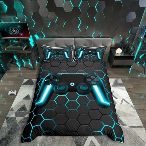 Ensembles de Literie Gamer 140x200 pour Garçons,Housse de Couette Gaming Enfants Housse Couette Jeux Vidéo,Parure de Lit Manette de Jeu Géométrique Nid D'Abeille...