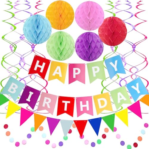 Banderines de feliz cumpleaños, decoraciones de cumpleaños pastel, pancarta de cumpleaños, flor de papel de panal, espiral, imagen colorida con leche, banderín colorido, para cumpleaños, fiesta